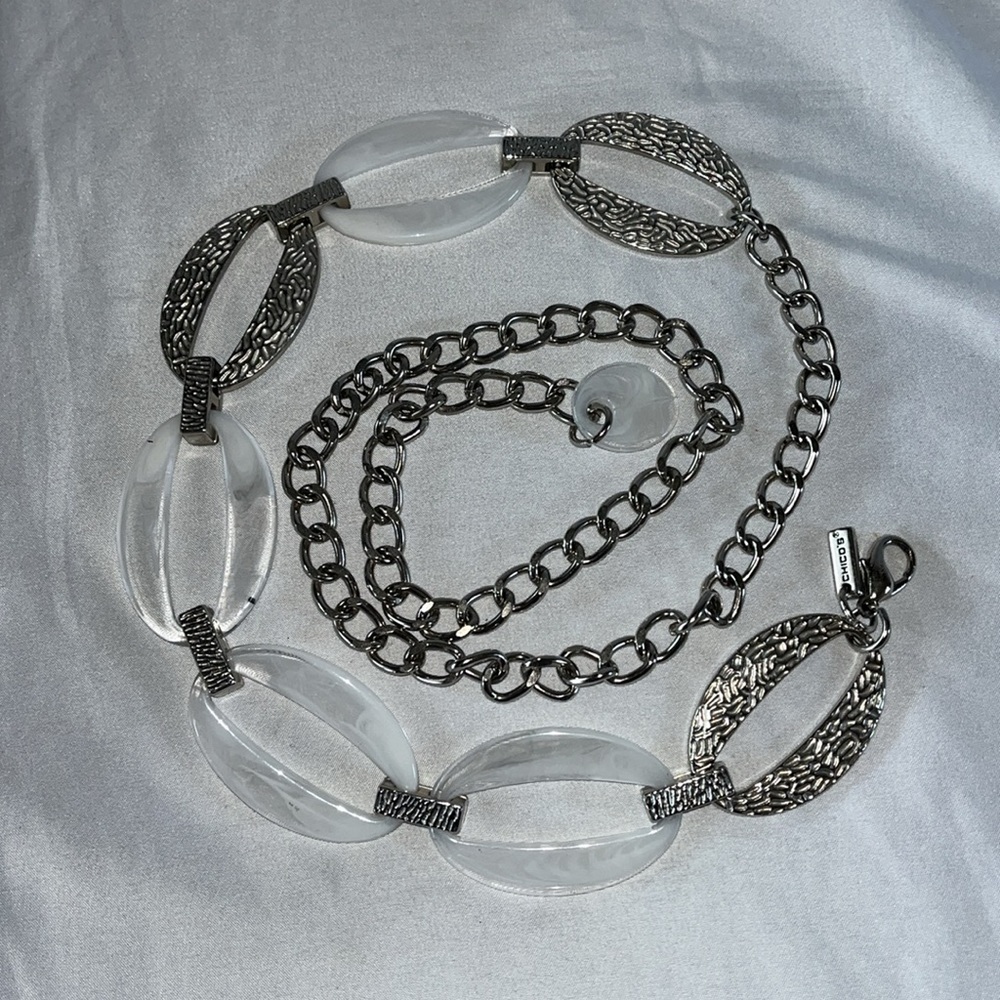 Chico’s Chain Link Belt Silver Tone White Marbled Acrylic 42” Statement Women’s